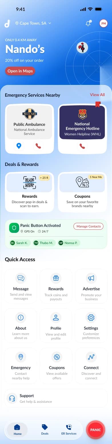 Deliva home screen with nearby deals, rewards and quick access