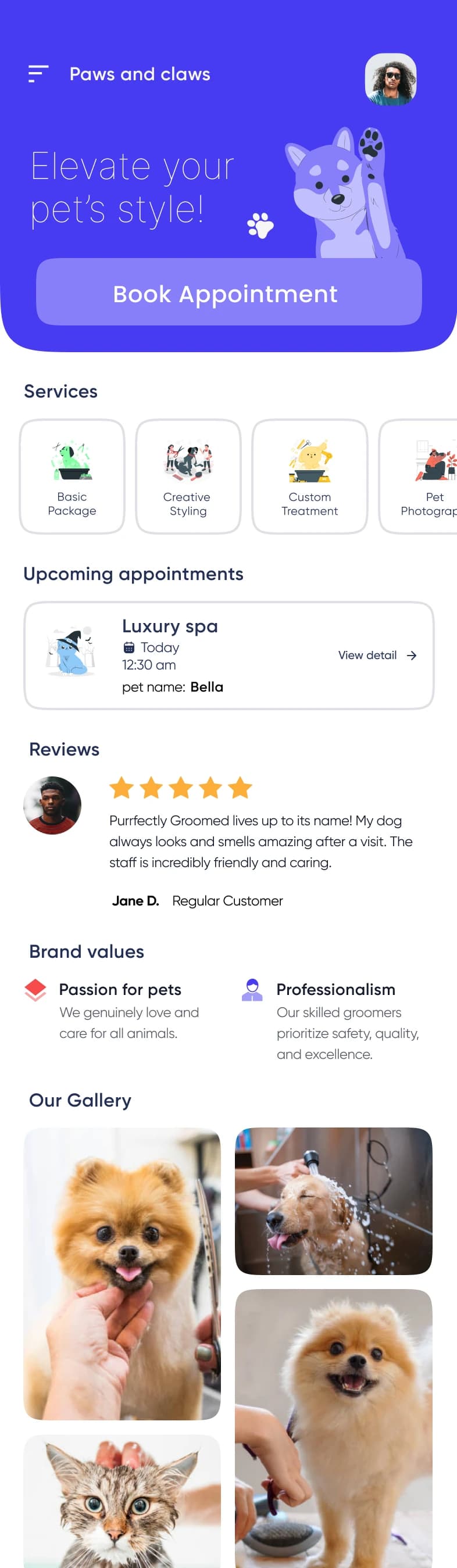 PGC customer home screen with services, appointments and reviews