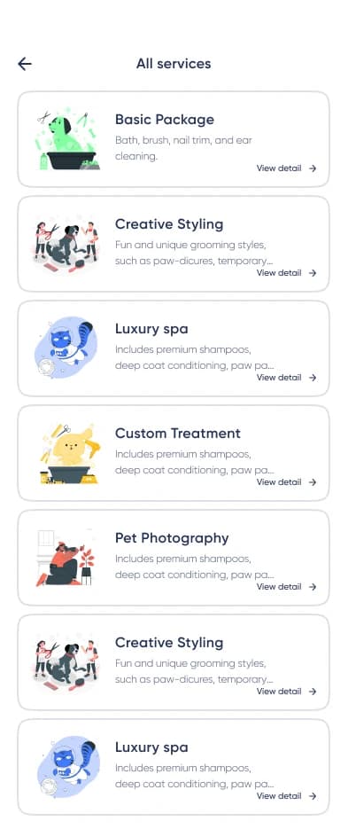 PGC all-services list with grooming packages
