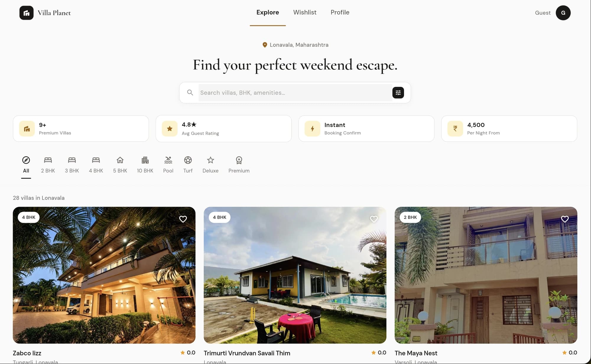 Villa Planet marketplace homepage with villa search and listings