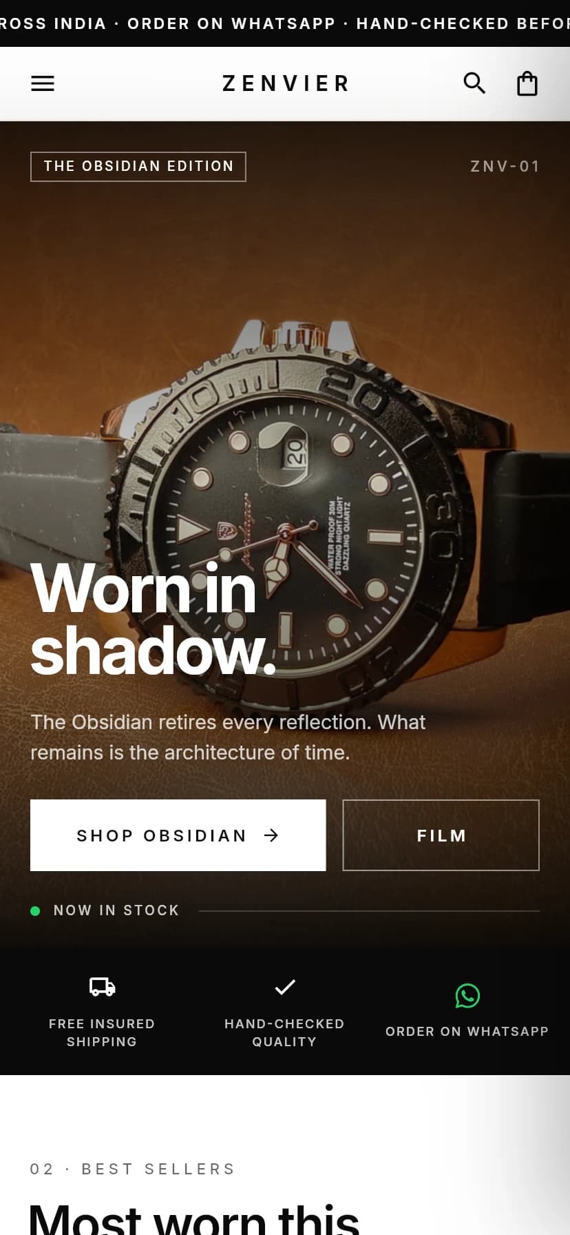 Zenvier storefront hero — the Obsidian watch, ‘Worn in shadow’
